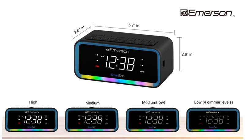 Emerson CKS1401 Smartset AM/FM Dual Alarm Clock Radio with 0.9” White LED Display with 4-Level Dimmer Control, USB-C Charging, and 2-Level Multi-Color LED Decor - Image 2