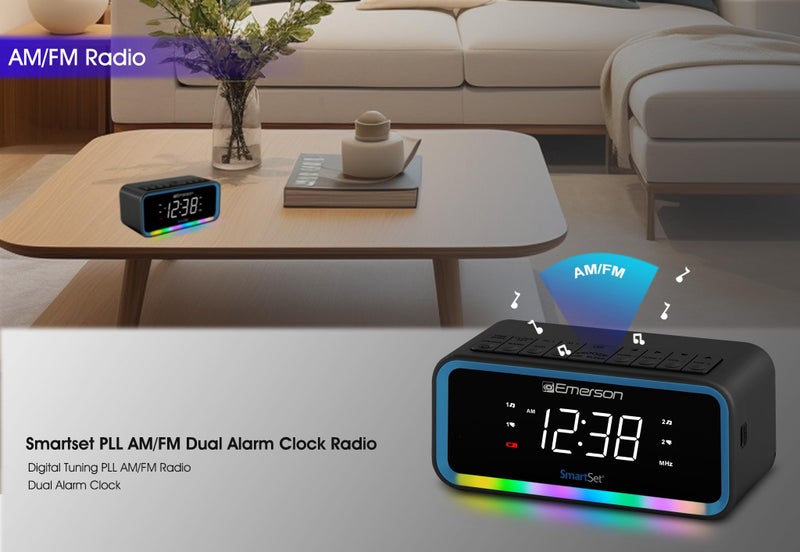 Emerson CKS1401 Smartset AM/FM Dual Alarm Clock Radio with 0.9” White LED Display with 4-Level Dimmer Control, USB-C Charging, and 2-Level Multi-Color LED Decor - Image 3