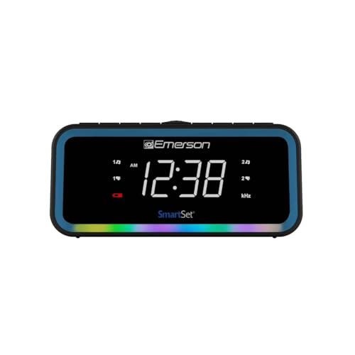 Emerson CKS1401 Smartset AM/FM Dual Alarm Clock Radio with 0.9” White LED Display with 4-Level Dimmer Control, USB-C Charging, and 2-Level Multi-Color LED Decor - Image 1