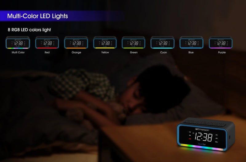 Emerson CKS1401 Smartset AM/FM Dual Alarm Clock Radio with 0.9” White LED Display with 4-Level Dimmer Control, USB-C Charging, and 2-Level Multi-Color LED Decor - Image 5