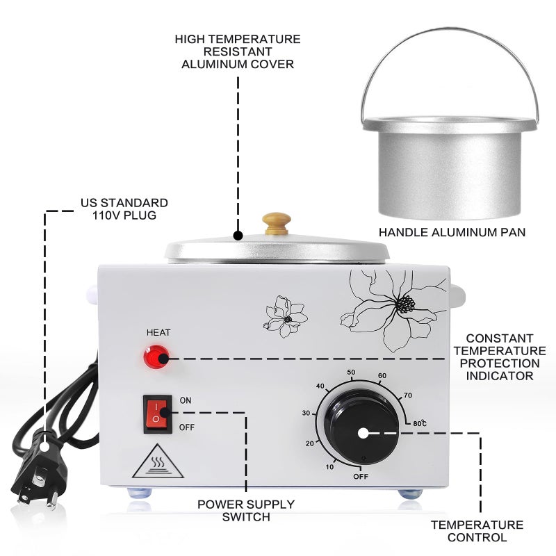 folconroad Portable Wax Warmer Machine for Painless Hair Removal, Women Men Professional Wax Heater with Adjustable Temperature Set,20pcs Wax Sticks (White - Single Pot) - Image 2