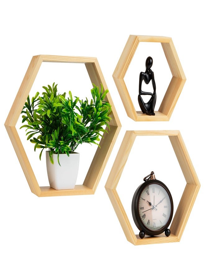 Mind Reader Hexagon Floating Shelves, Set of 3, Wall Decor, Honeycomb Accent Shelf, Cabinet Organizer, Office, Bamboo, 13.75" L x 3.125" W x 12" H, Brown - Image 1