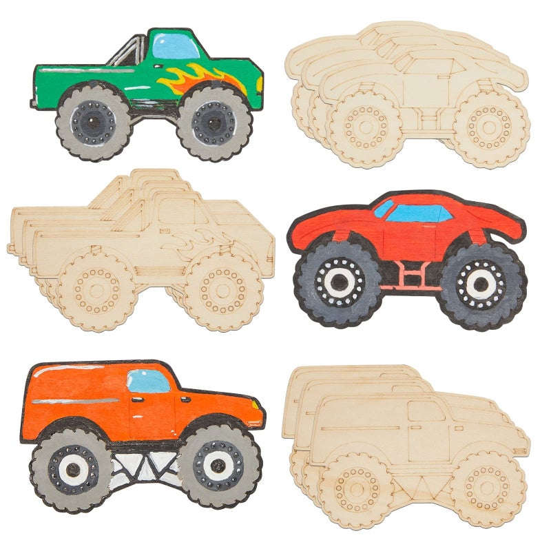 Bright Creations Monster Truck Wood Cutouts for Crafts 24 Pieces