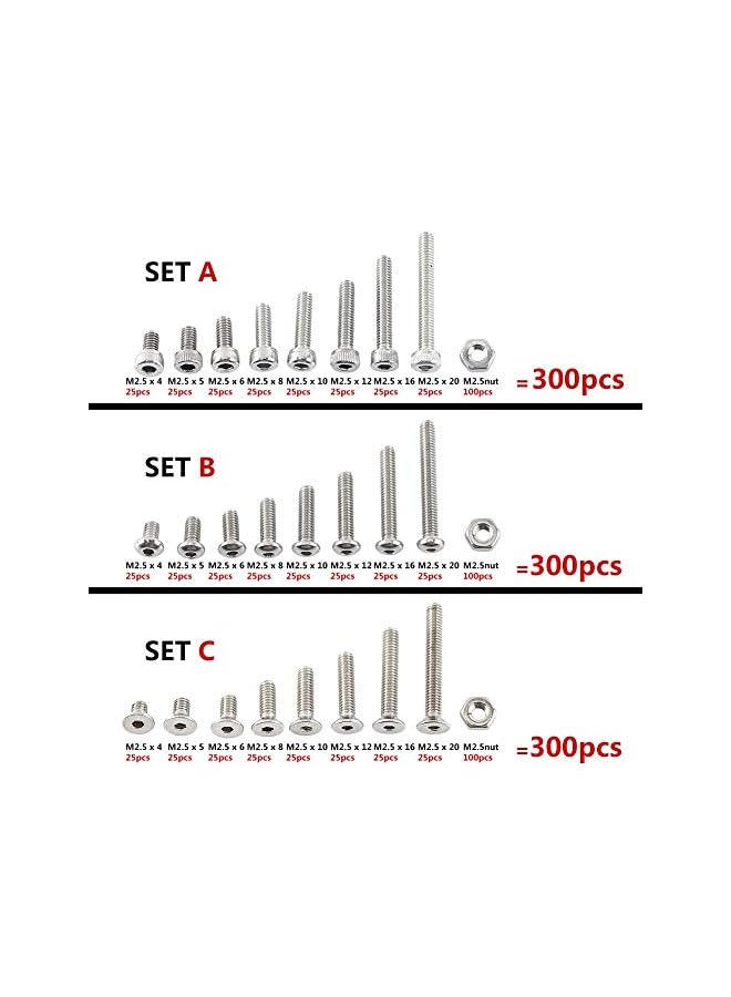 promass 300pcs M2.5 Stainless Steel Hex Socket Screws With Hex Nuts Assortment Full Thread(A: head) - Image 3