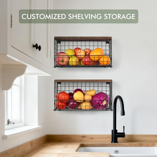 LIGHT DUST Wall Storage Hanging Baskets 2 PACK - Wooden Top Wire Basket Organizers & S Hooks - Assemble Floating Shelf Racks for Pantry Kitchen Office Bathroom Garage Organization (Extra Large) - Image 5