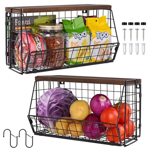 LIGHT DUST Wall Storage Hanging Baskets 2 PACK - Wooden Top Wire Basket Organizers & S Hooks - Assemble Floating Shelf Racks for Pantry Kitchen Office Bathroom Garage Organization (Extra Large) - Image 1