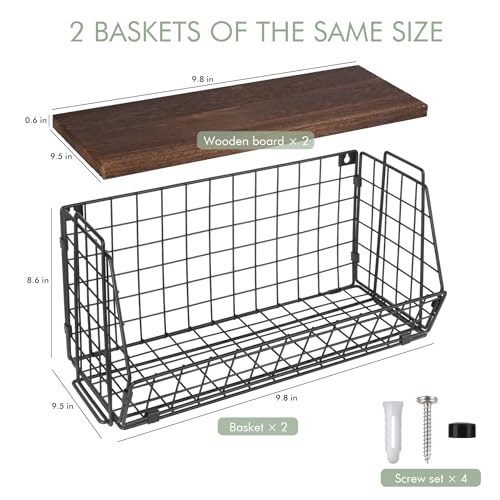 LIGHT DUST Wall Storage Hanging Baskets 2 PACK - Wooden Top Wire Basket Organizers & S Hooks - Assemble Floating Shelf Racks for Pantry Kitchen Office Bathroom Garage Organization (Extra Large) - Image 2