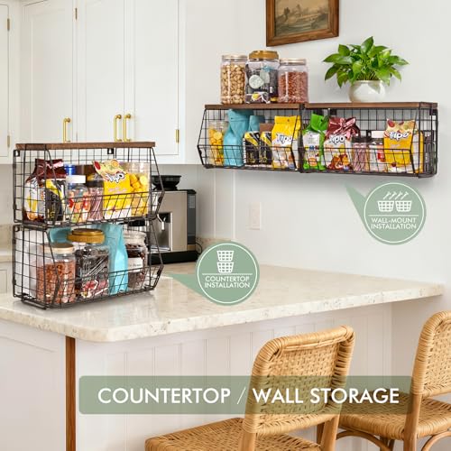 LIGHT DUST Wall Storage Hanging Baskets 2 PACK - Wooden Top Wire Basket Organizers & S Hooks - Assemble Floating Shelf Racks for Pantry Kitchen Office Bathroom Garage Organization (Extra Large) - Image 4