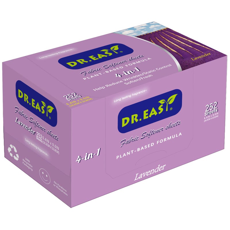 DR. EASY DR.EASY Dryer Sheets Plant Based Formula 252 Ct Fabric Softener sheets for Laundry Lavender Essential Oil Scented No Artificial Fragrances No Dyes Reduce Static & Wrinkles Help Repel Pet Hair - Image 1