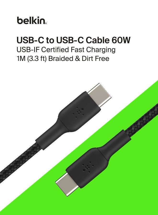 بيلكين كابل Usb-C إلى Usb-C مضفر من بيلكين (كابل شحن سريع Usb Type-C لأجهزة سامسونج، وبكسل، وآي باد برو والمزيد) - بطول 1 م، أسود أسود - Image 1