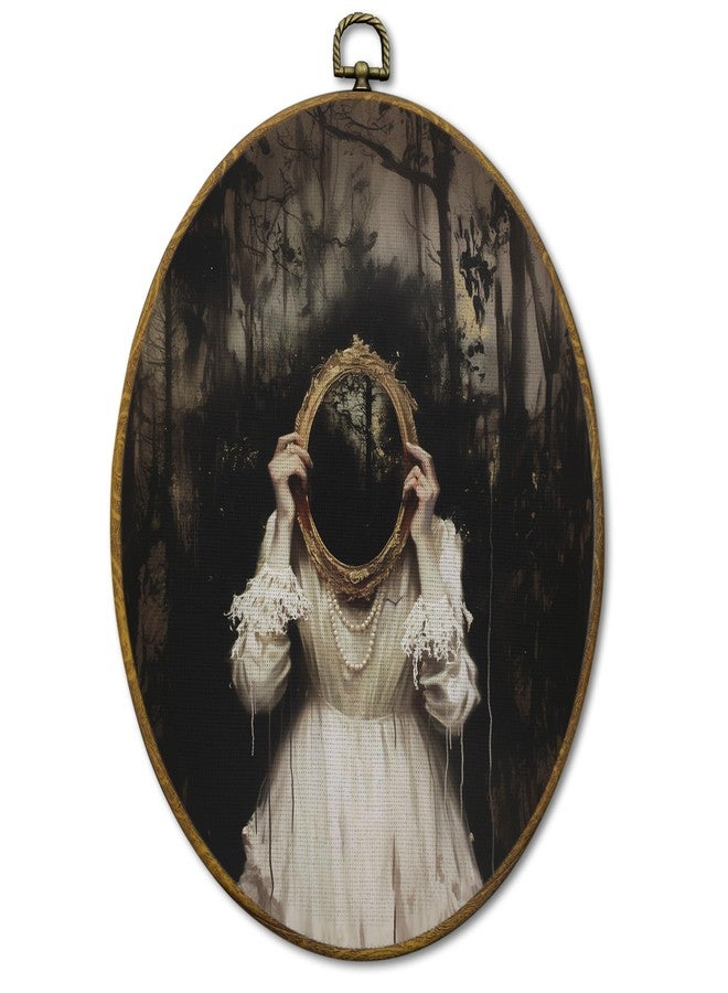 Mcehtle Moody Gothic Women Wall Art Decor, Dark Academia Mirrored Framed Canvas Prints 8.6x11.4, Gothic Witchy Enchanted Forest Oval Wall Hanging Artwork Decorations for Gallery Bedroom Livingroom - Image 1