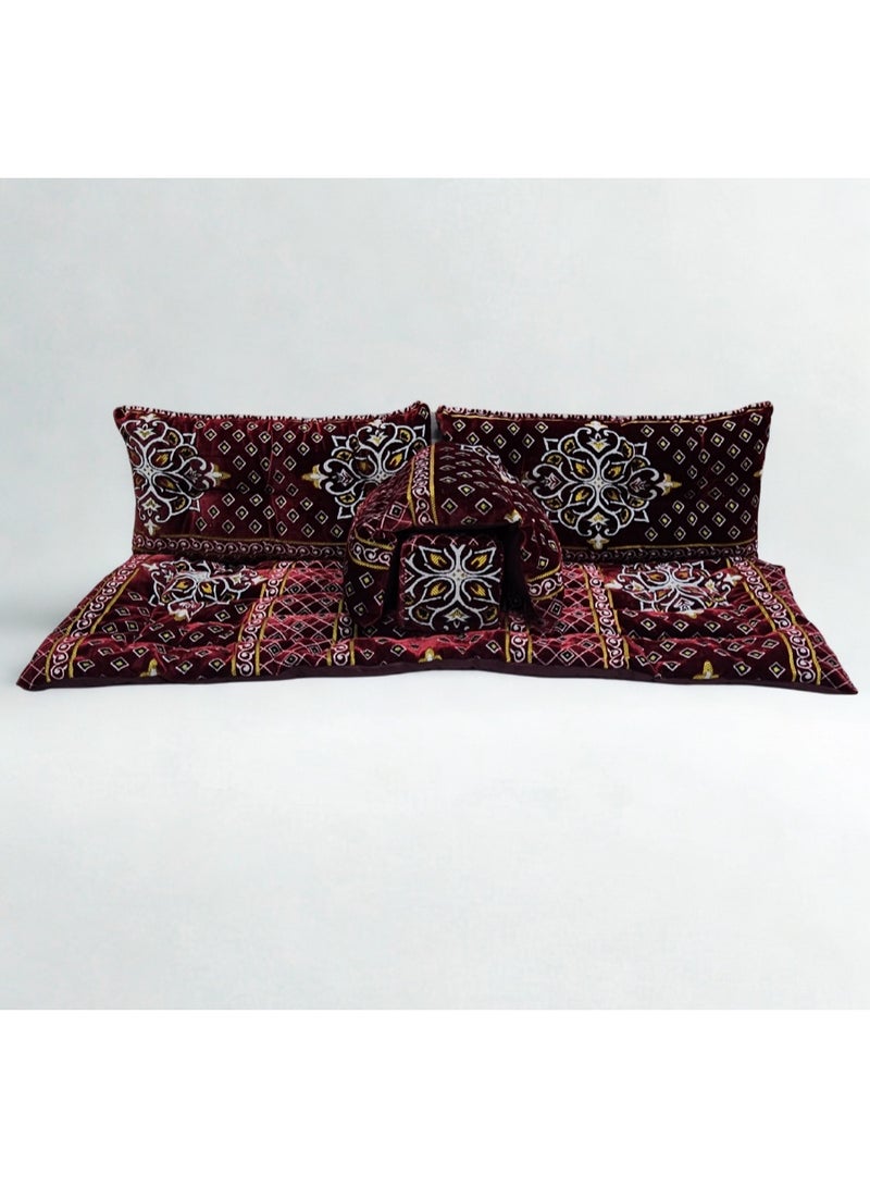 سمارت هوم جلسة أرضية تراثية عربية لشخصين 5 قطع بمقاس (طول 60 سم × عرض 190 سم × ارتفاع 60 سم) – مفروشات مجالس عربية مريحة مع مسند وظهر  – جلسة أرضية للمنزل، الضيوف، المخيمات والرحلات  - قماش تركي ممتاز - Image 1