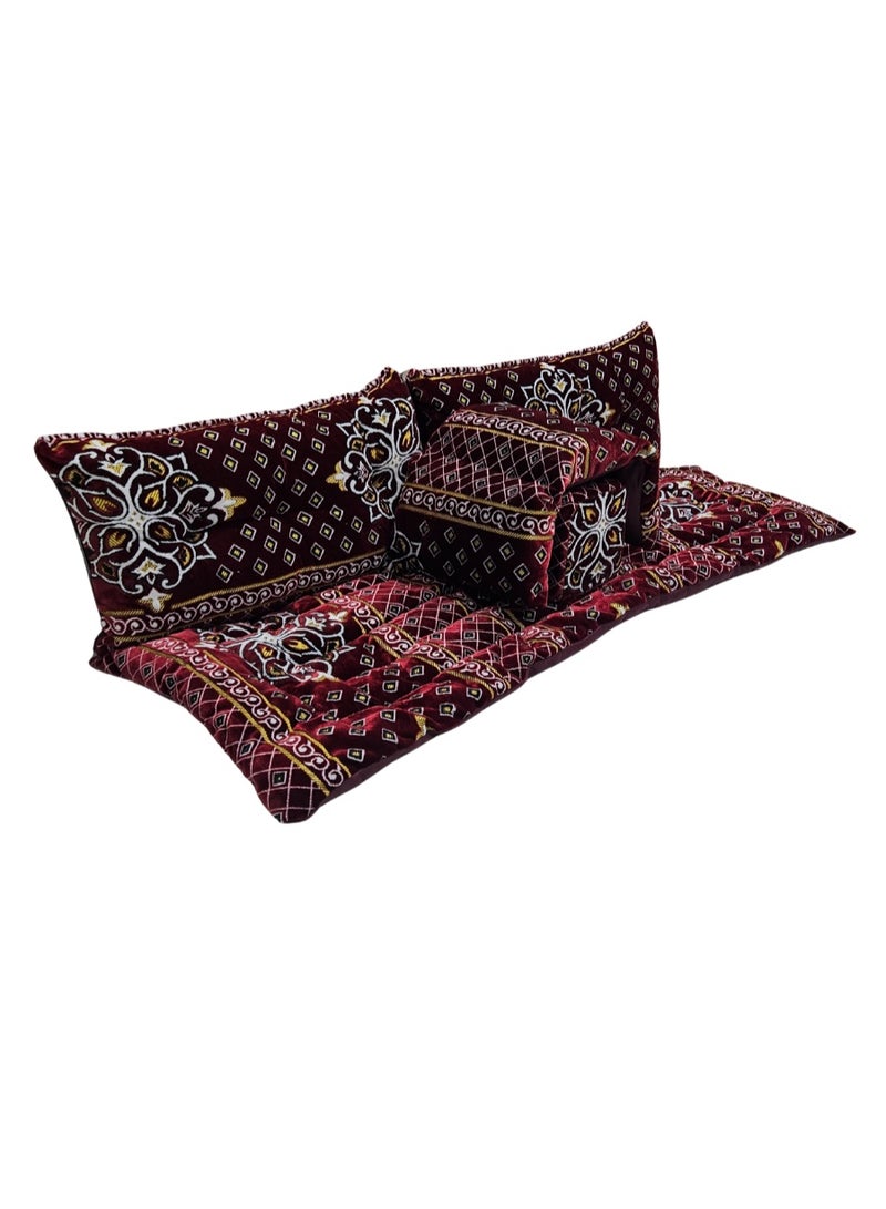 سمارت هوم جلسة أرضية تراثية عربية لشخصين 5 قطع بمقاس (طول 60 سم × عرض 190 سم × ارتفاع 60 سم) – مفروشات مجالس عربية مريحة مع مسند وظهر  – جلسة أرضية للمنزل، الضيوف، المخيمات والرحلات  - قماش تركي ممتاز - Image 4