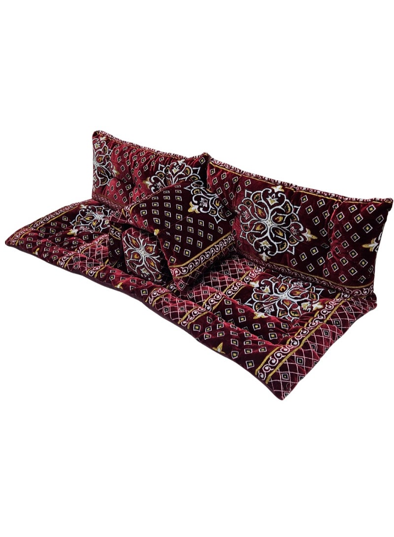 سمارت هوم جلسة أرضية تراثية عربية لشخصين 5 قطع بمقاس (طول 60 سم × عرض 190 سم × ارتفاع 60 سم) – مفروشات مجالس عربية مريحة مع مسند وظهر  – جلسة أرضية للمنزل، الضيوف، المخيمات والرحلات  - قماش تركي ممتاز - Image 2