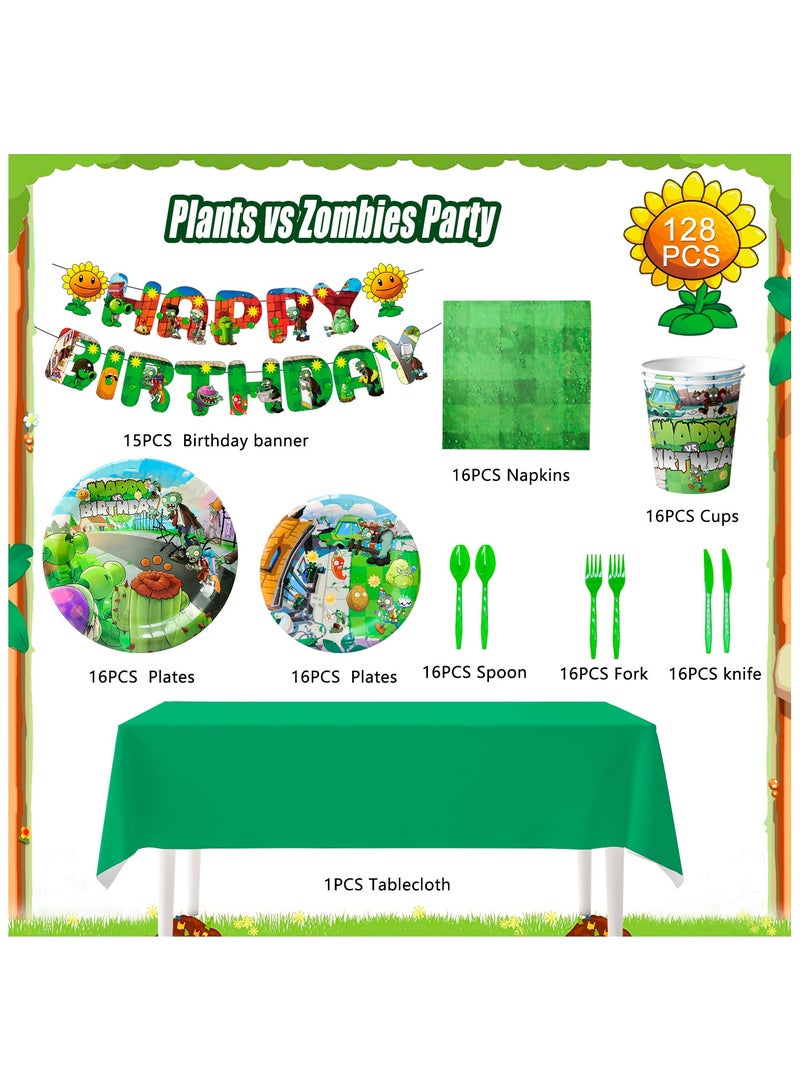 حفلة مثمرة أدوات مائدة حفلات أعياد الميلاد ”نباتات ضد الزومبي“ تتسع ل 16 ضيفًا، 128 قطعة زينة حفلات عيد ميلاد ”نباتات ضد الزومبي“ مجموعة أدوات مائدة ذات طابع ألعاب، أطباق ومناديل وأكواب - Image 2