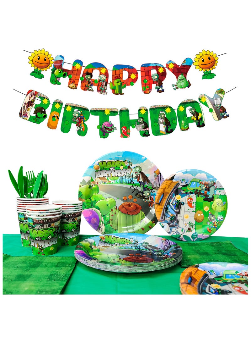 حفلة مثمرة أدوات مائدة حفلات أعياد الميلاد ”نباتات ضد الزومبي“ تتسع ل 16 ضيفًا، 128 قطعة زينة حفلات عيد ميلاد ”نباتات ضد الزومبي“ مجموعة أدوات مائدة ذات طابع ألعاب، أطباق ومناديل وأكواب - Image 1