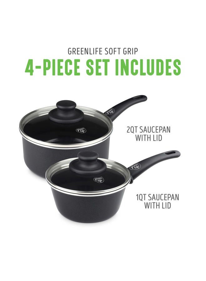 GreenLife Soft Grip Healthy Ceramic Nonstick, 1QT and 2QT Saucepan Pot Set with Lids, PFAS-Free, Dishwasher Safe, Black - Image 2