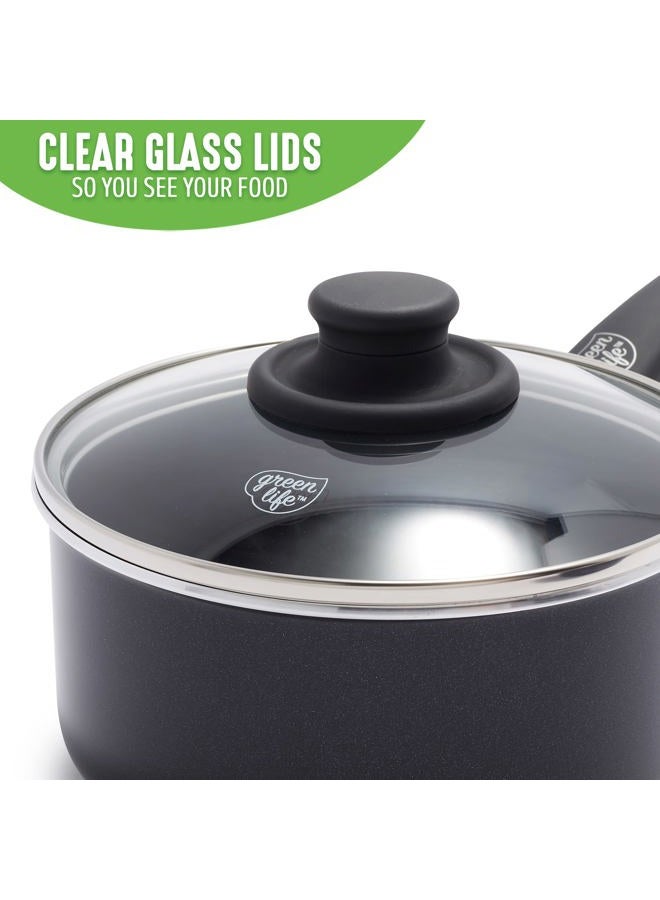 GreenLife Soft Grip Healthy Ceramic Nonstick, 1QT and 2QT Saucepan Pot Set with Lids, PFAS-Free, Dishwasher Safe, Black - Image 3