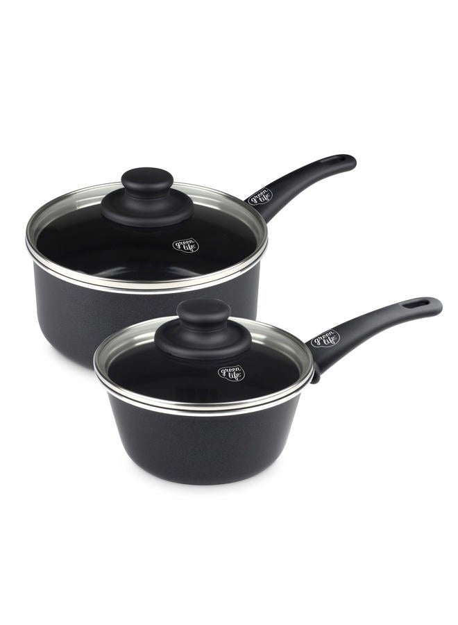 GreenLife Soft Grip Healthy Ceramic Nonstick, 1QT and 2QT Saucepan Pot Set with Lids, PFAS-Free, Dishwasher Safe, Black - Image 1