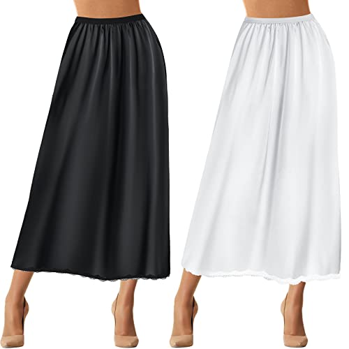 Jiuguva 2 Pieces Half Slip Lace Long Underskirt Women's Satin Half Slip for Under Dresses(Large,Black, White) - Image 1