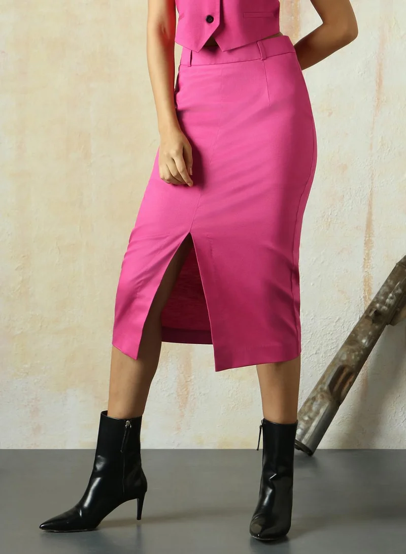 HIGH STAR Women's Magenta Cotton Blend Solid Midi Pencil Slim Fit Skirt