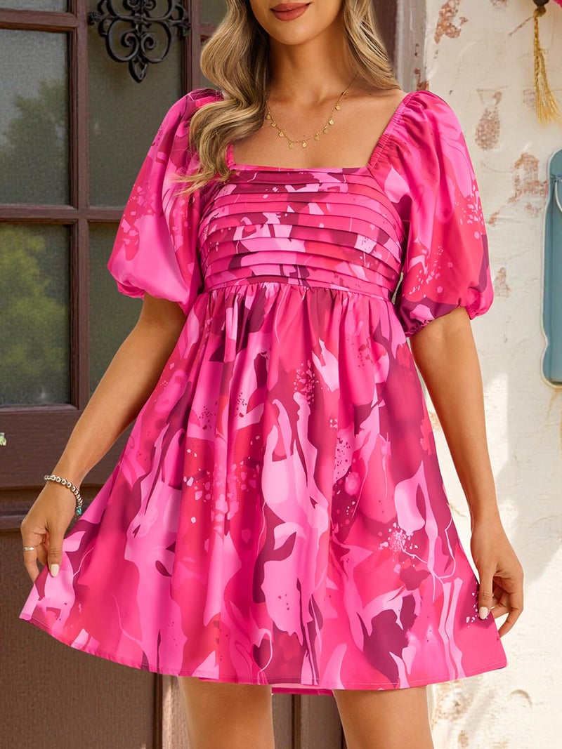 Wenrine Womens Summer Square Neck Mini Dresses Casual Floral Puff Short Sleeve Smocked High Waisted A-Line Babydoll Dress Rose Red - Image 5