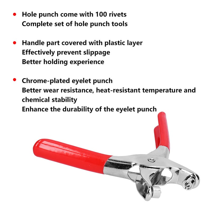 FUZHUI Grommet Eyelet Pliers Tool Kit - ChromePlated Plastic Dipping Handle 6In Red Hole Punch Tools with 100Pcs Rivets, for Fabric, Leather, Belt, Shoes, Clothes - Image 2