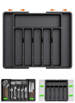 YIM-VIBEHAUS Drawer Organizer, Expandable Utensil Tray for Kitchen, BPA Free Flatware and Cutlery Holder, Adjustable Plastic Storage for Spoons Forks Knives, Black  - Image 1