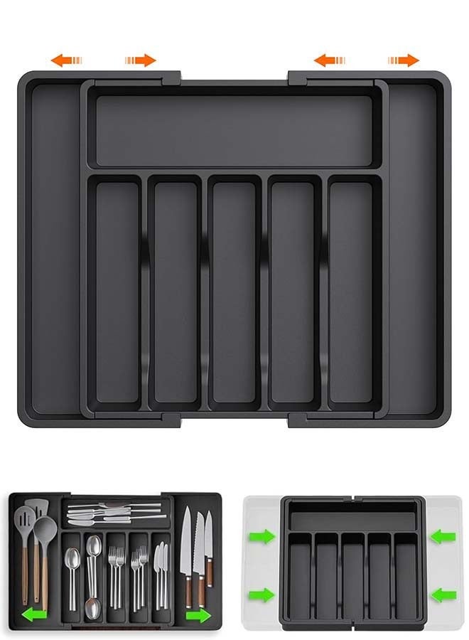 ثمانية فيبيهاوس منظم أدراج، صينية أواني قابلة للتوسيع للمطبخ، حامل أدوات مائدة وأدوات مائدة خالٍ من مادة BPA، تخزين بلاستيكي قابل للتعديل للملاعق والشوك والسكاكين، أسود - Image 1