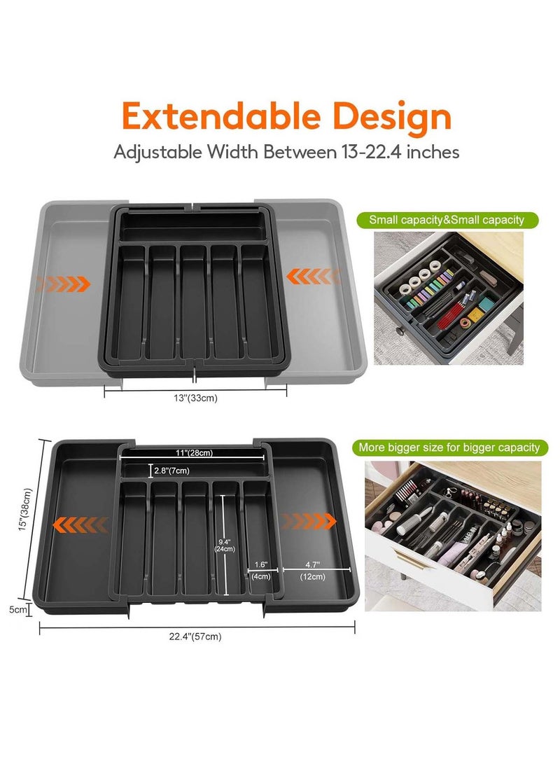 ثمانية فيبيهاوس منظم أدراج، صينية أواني قابلة للتوسيع للمطبخ، حامل أدوات مائدة وأدوات مائدة خالٍ من مادة BPA، تخزين بلاستيكي قابل للتعديل للملاعق والشوك والسكاكين، أسود - Image 2