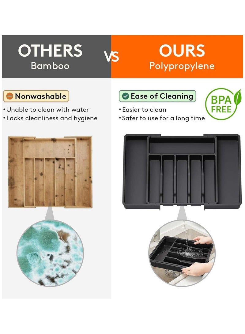 ثمانية فيبيهاوس منظم أدراج، صينية أواني قابلة للتوسيع للمطبخ، حامل أدوات مائدة وأدوات مائدة خالٍ من مادة BPA، تخزين بلاستيكي قابل للتعديل للملاعق والشوك والسكاكين، أسود - Image 3