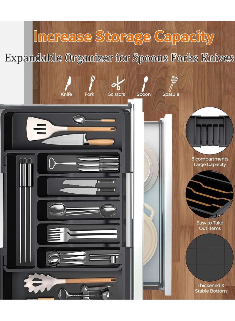 ثمانية فيبيهاوس منظم أدراج، صينية أواني قابلة للتوسيع للمطبخ، حامل أدوات مائدة وأدوات مائدة خالٍ من مادة BPA، تخزين بلاستيكي قابل للتعديل للملاعق والشوك والسكاكين، أسود - Image 4