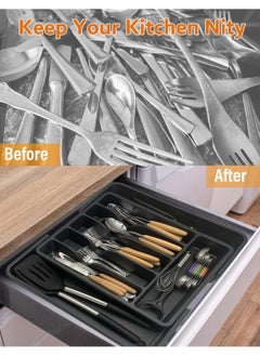 YIM-VIBEHAUS Drawer Organizer, Expandable Utensil Tray for Kitchen, BPA Free Flatware and Cutlery Holder, Adjustable Plastic Storage for Spoons Forks Knives, Black  - Image 5