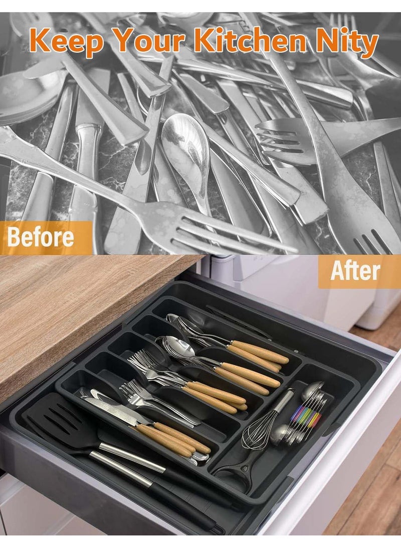 ثمانية فيبيهاوس منظم أدراج، صينية أواني قابلة للتوسيع للمطبخ، حامل أدوات مائدة وأدوات مائدة خالٍ من مادة BPA، تخزين بلاستيكي قابل للتعديل للملاعق والشوك والسكاكين، أسود - Image 5