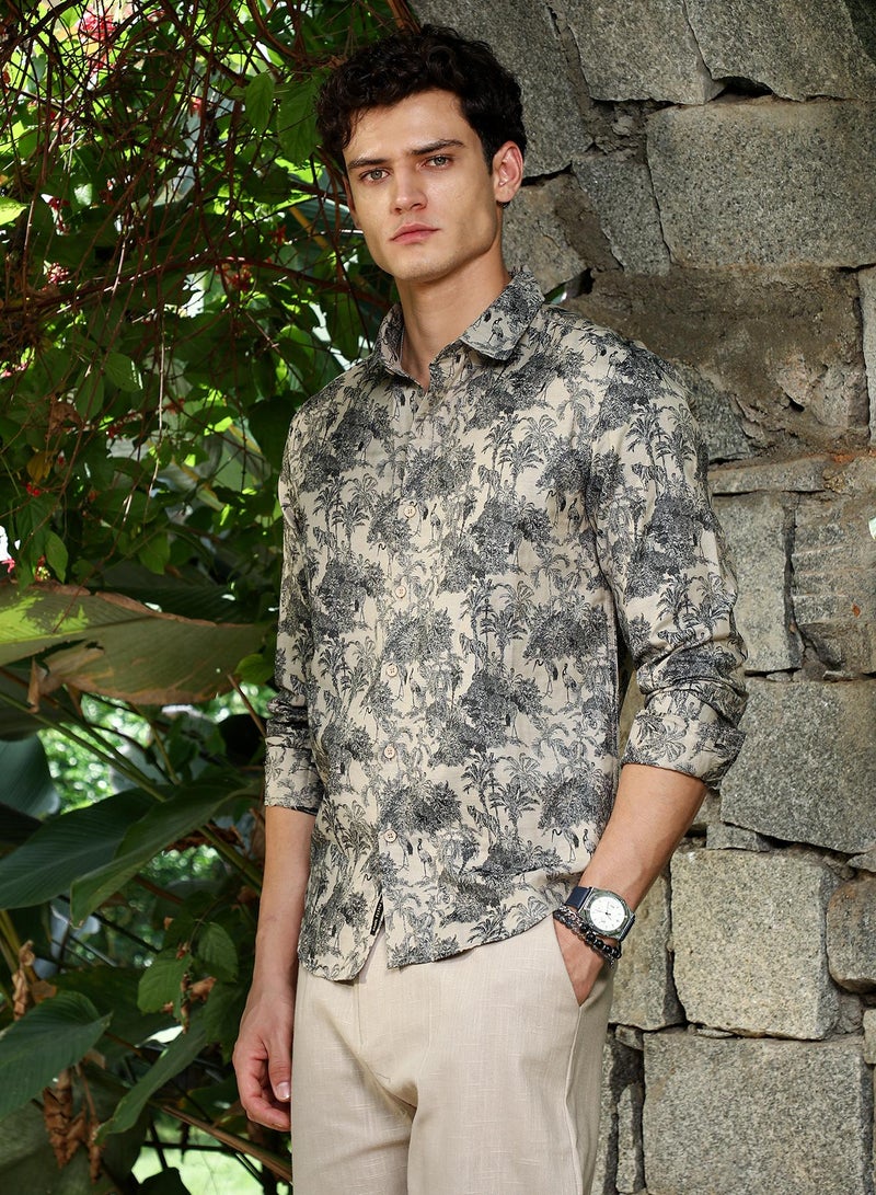 Campus Sutra Campus Sutra Men's Ecru Beige & Charcoal Black Safari-Forest Jacquard Shirt For Casual Wear | Spread Collar | Long Cuffed Sleeves | Button Closure | Shirt Crafted With Comfort Fit For Everyday Wear - Image 3