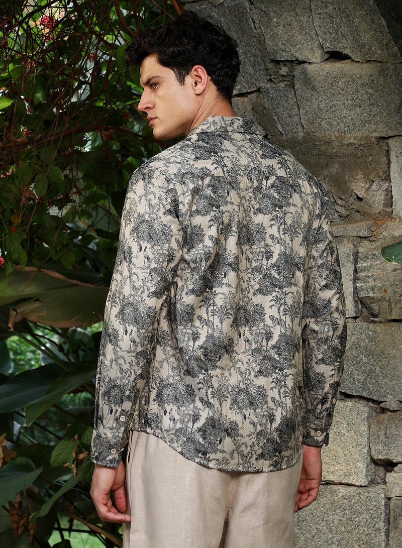 Campus Sutra Campus Sutra Men's Ecru Beige & Charcoal Black Safari-Forest Jacquard Shirt For Casual Wear | Spread Collar | Long Cuffed Sleeves | Button Closure | Shirt Crafted With Comfort Fit For Everyday Wear - Image 5