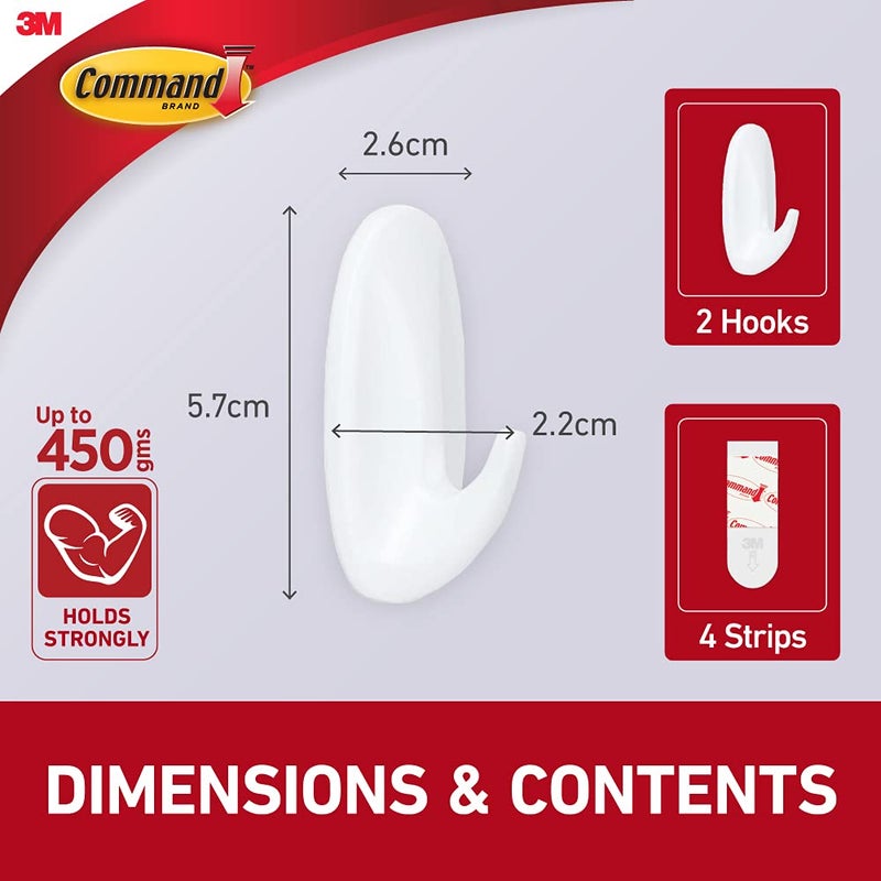 Command Command Designer Small Self Adhesive Plastic Hooks Holds 450gm 2 Hooks and 4 Strips White - Image 4