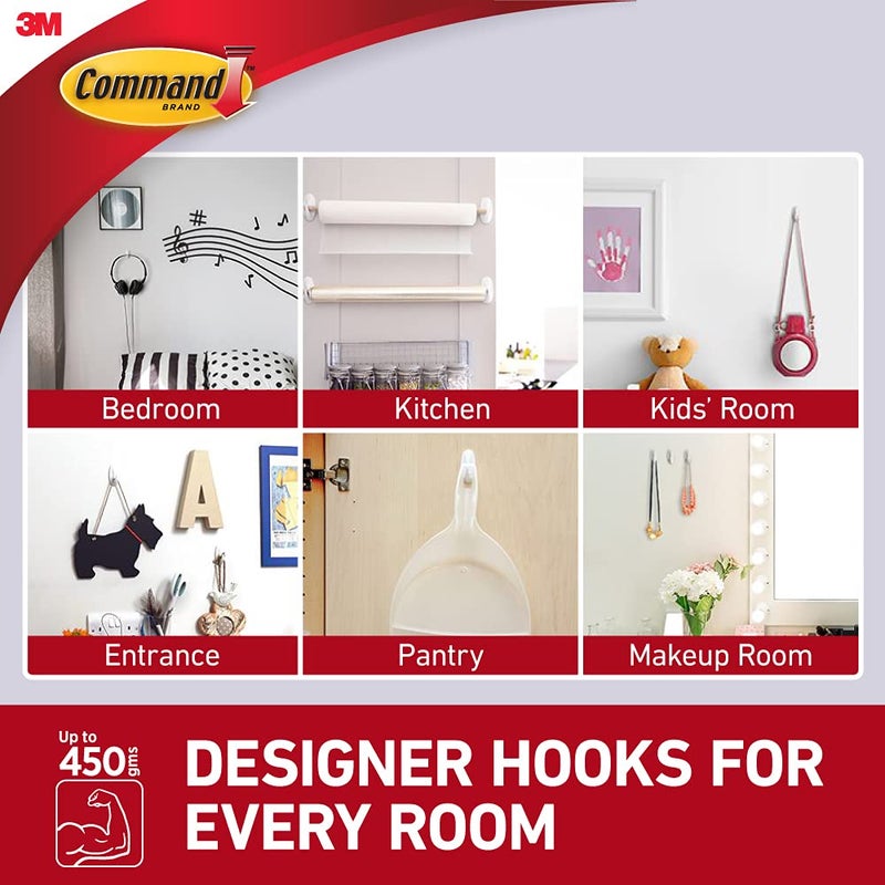 Command Command Designer Small Self Adhesive Plastic Hooks Holds 450gm 2 Hooks and 4 Strips White - Image 5