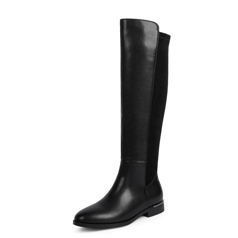Modatope Black Boots for Women Rounded Flat Knee High Boots Low Block Chunky Heel Elastic Riding Boot Fashion Fall Winter Boot Size 7 - Image 1