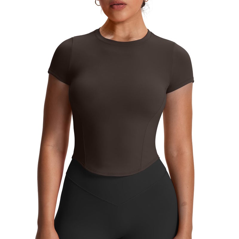 Aoxjox Womens Short Sleeve TShirts GEO Baby Tee Workout Gym Yoga Crop Top Without Builtin Bra Mulch Small - Image 2