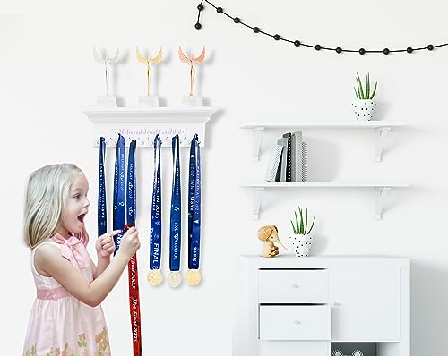 wisnew Premium Wooden Trophy Shelf and Medal Hanger Featuring Sturdy Ribbon Hooks Wall Mount Medal Holder Display Gymnastics Soccer Running Race Medals Award - Image 3