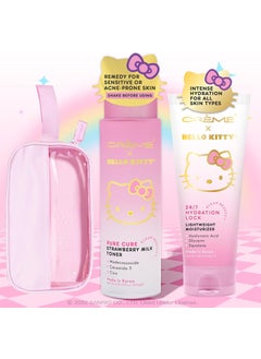 Glam Lux Beauty Korean Skincare Bundle Hello Kitty by Sanrio Pure Cure Strawberry Milk Toner Ceramides Hydration Lock Lightweight Moisturizer Hyaluronic Acid Squalene  Glycerin Remedy for Acne 
