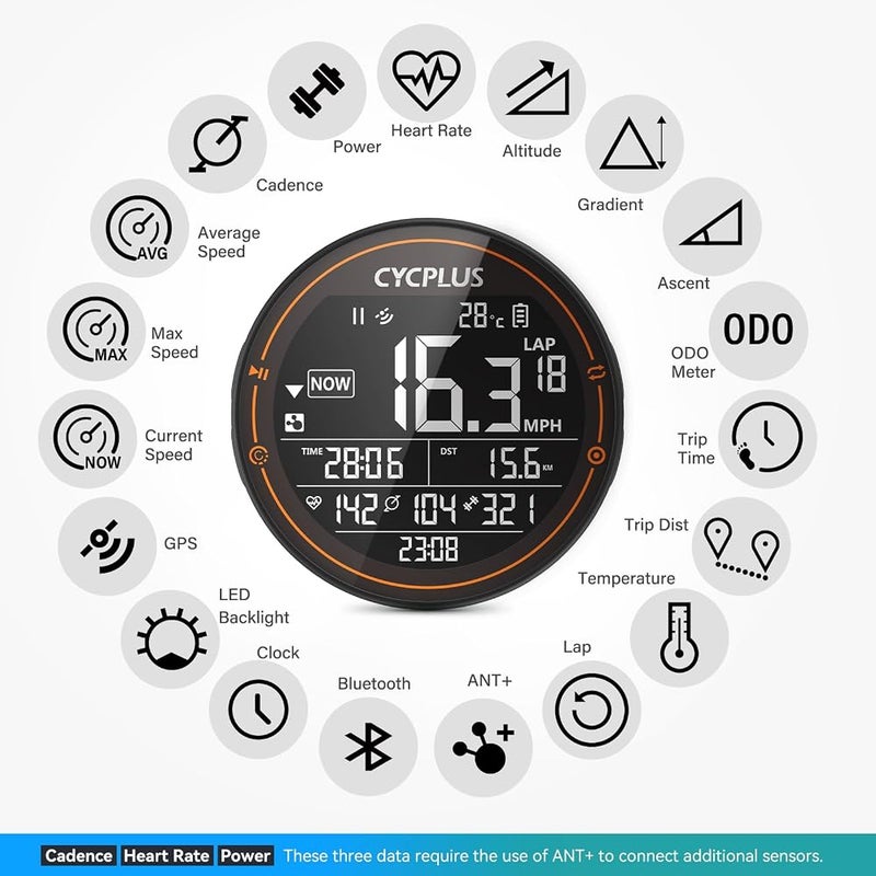 CYCPLUS GPS Bike Computer, Wireless Cycling Computer, ANT+ Bluetooth Bicycle Computer Mini Speedometer Odometer Waterproof MTB Tracker, Rechargeable with 2.5 Inch Screen for Bikers Outdoor Cycling - Image 4