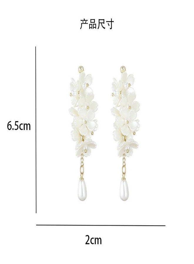 MarveBard White Flower Earrings for Women Vintage Pearl Flower Long Tassel Earrings White Acrylic Petal Dangle Drop Earrings Lightweight Bridal Wedding Statement Earrings Bohemian Style Jewelry (White) - Image 5