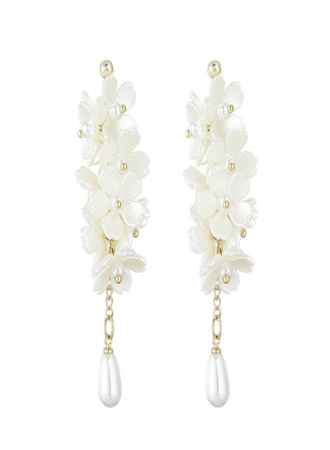 MarveBard White Flower Earrings for Women Vintage Pearl Flower Long Tassel Earrings White Acrylic Petal Dangle Drop Earrings Lightweight Bridal Wedding Statement Earrings Bohemian Style Jewelry (White) - Image 1