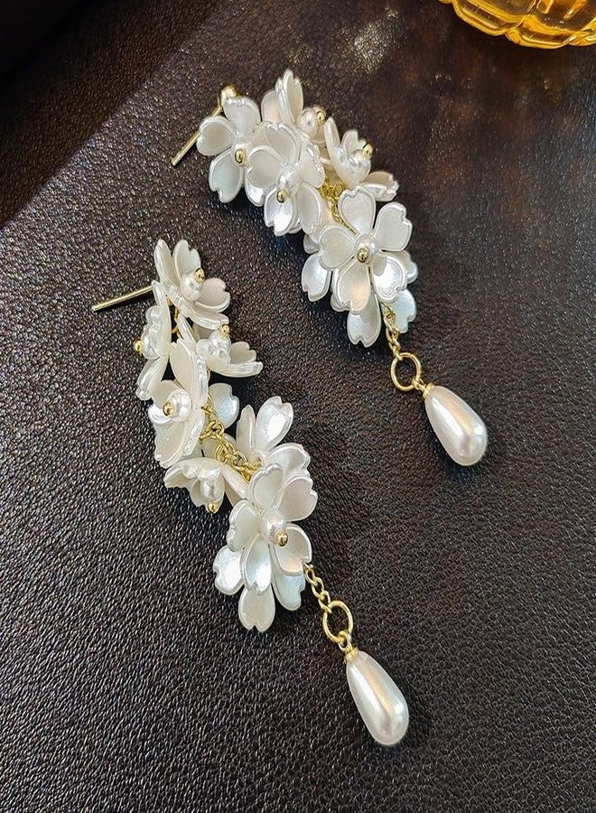 MarveBard White Flower Earrings for Women Vintage Pearl Flower Long Tassel Earrings White Acrylic Petal Dangle Drop Earrings Lightweight Bridal Wedding Statement Earrings Bohemian Style Jewelry (White) - Image 4