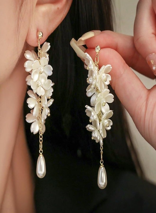 MarveBard White Flower Earrings for Women Vintage Pearl Flower Long Tassel Earrings White Acrylic Petal Dangle Drop Earrings Lightweight Bridal Wedding Statement Earrings Bohemian Style Jewelry (White) - Image 2