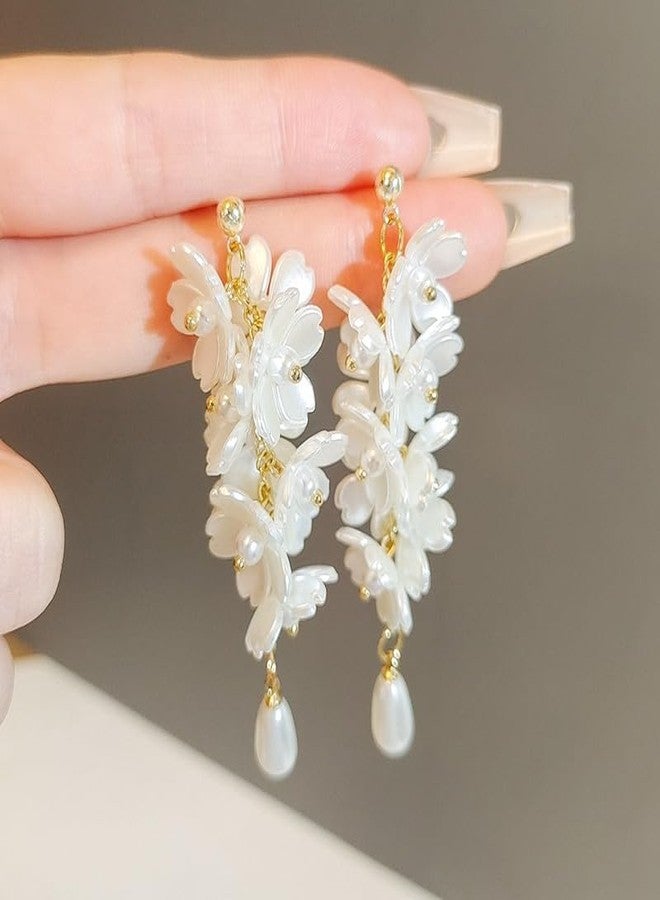 MarveBard White Flower Earrings for Women Vintage Pearl Flower Long Tassel Earrings White Acrylic Petal Dangle Drop Earrings Lightweight Bridal Wedding Statement Earrings Bohemian Style Jewelry (White) - Image 3