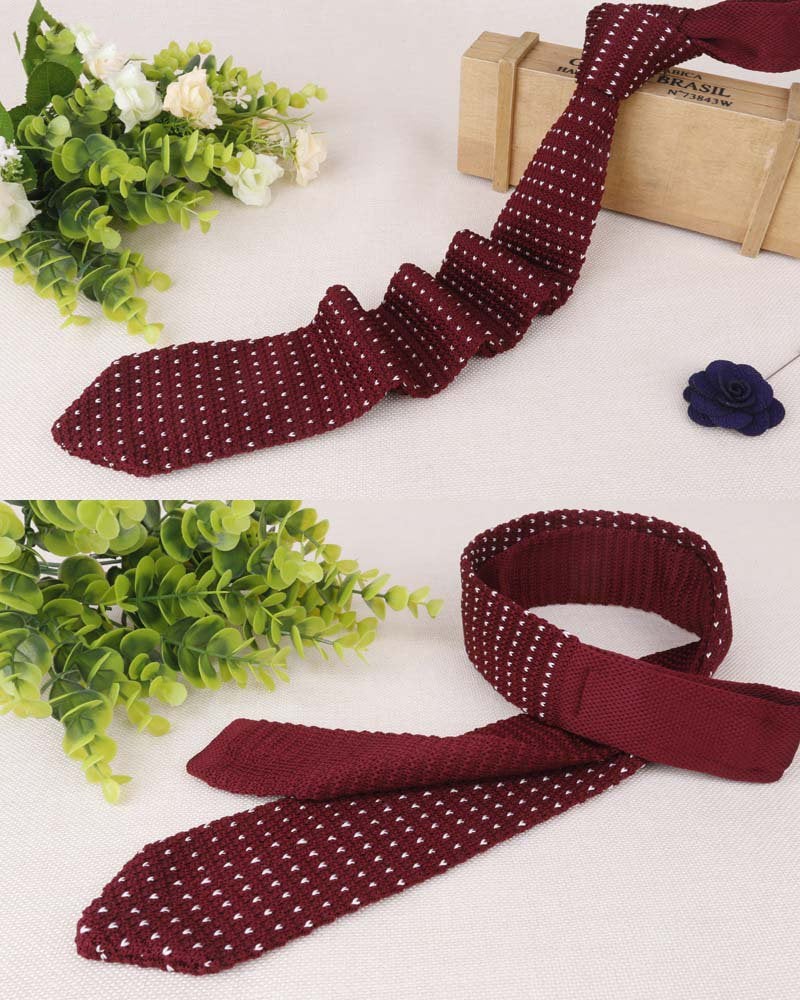 Elfeves Men Boys Burgundy Red Knitted Neck Tie Accessory Narrow Necktie Gift for Husband - Image 2