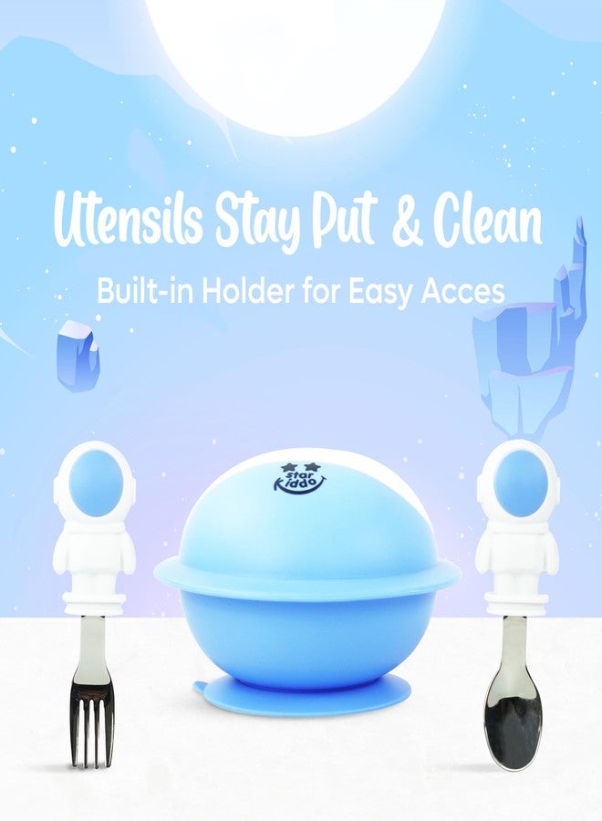 StarKiddo® AstroGrip Silicone Bowl Set: Easy-Grip Feeding Spoon and Fork for Babies & Toddlers| Strong Suction| Microwave and Dishwasher Safe (Blue) - Image 2